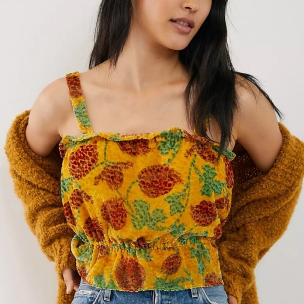 Anthropologie Felipa Cropped Yellow Strawberry Patch Velvet Burnout Tank Top Sm